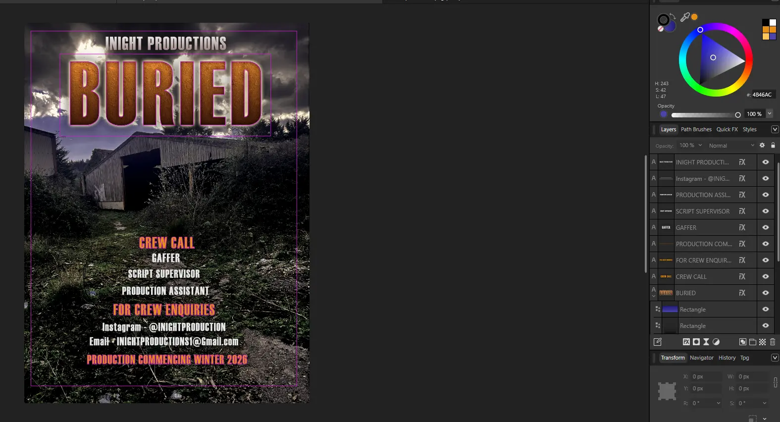 Buried poster open in Affinity Designer showing guides and layers