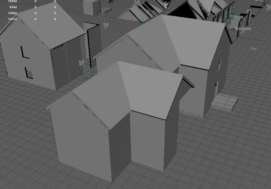 Multiple house variations assembled from the modular kit in Maya