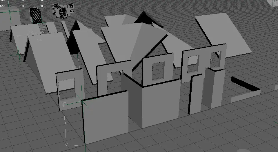 Modular walls and roof pieces arranged in Maya