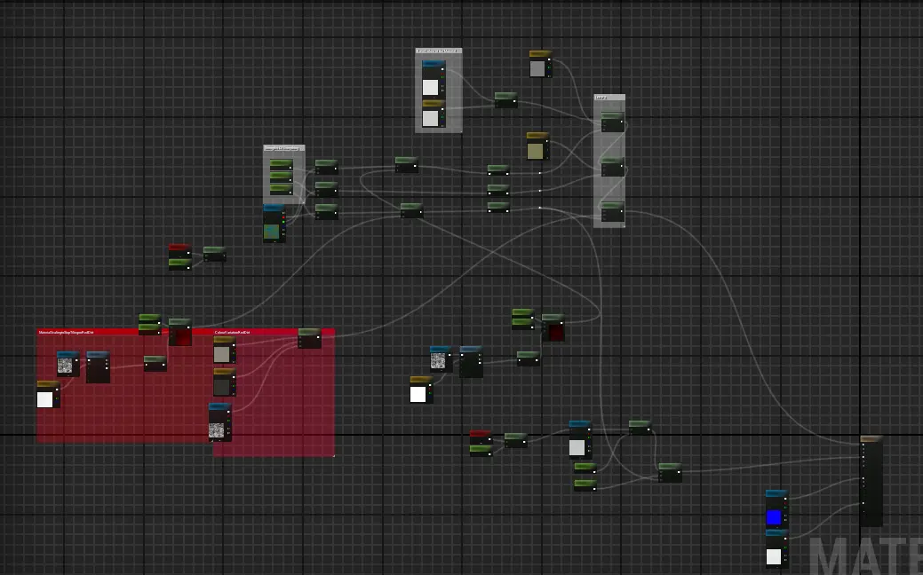 Unreal Engine material graph used to control the weathering system
