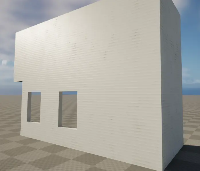 Weathered siding material applied to a modular house wall in Unreal Engine